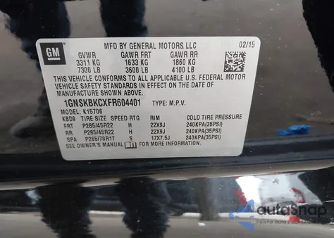 2015 Chevrolet Tahoe Lt from USA, damaged, VIN 1GNSKBKCXFR604401